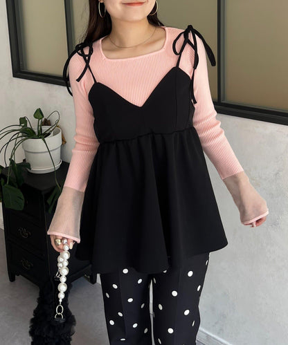 袖部透視方領羅紋針織衫