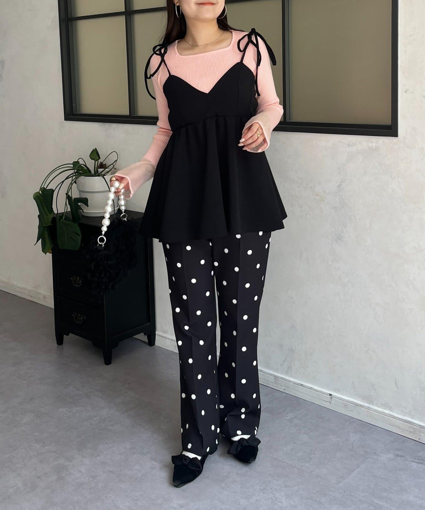 袖部透視方領羅紋針織衫