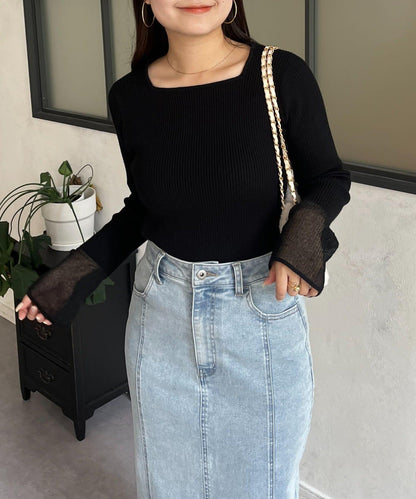 袖部透視方領羅紋針織衫