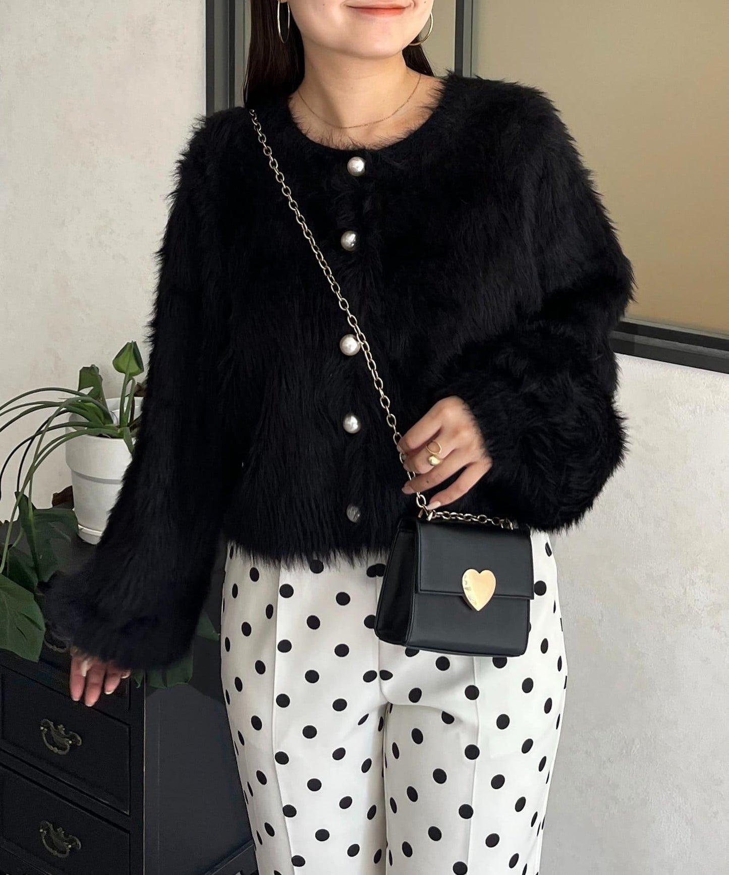 【前後兩穿】珍珠紐扣長毛針織開衫