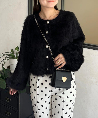 【前後兩穿】珍珠紐扣長毛針織開衫