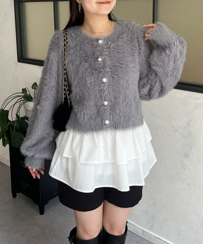 【前後兩穿】珍珠紐扣長毛針織開衫