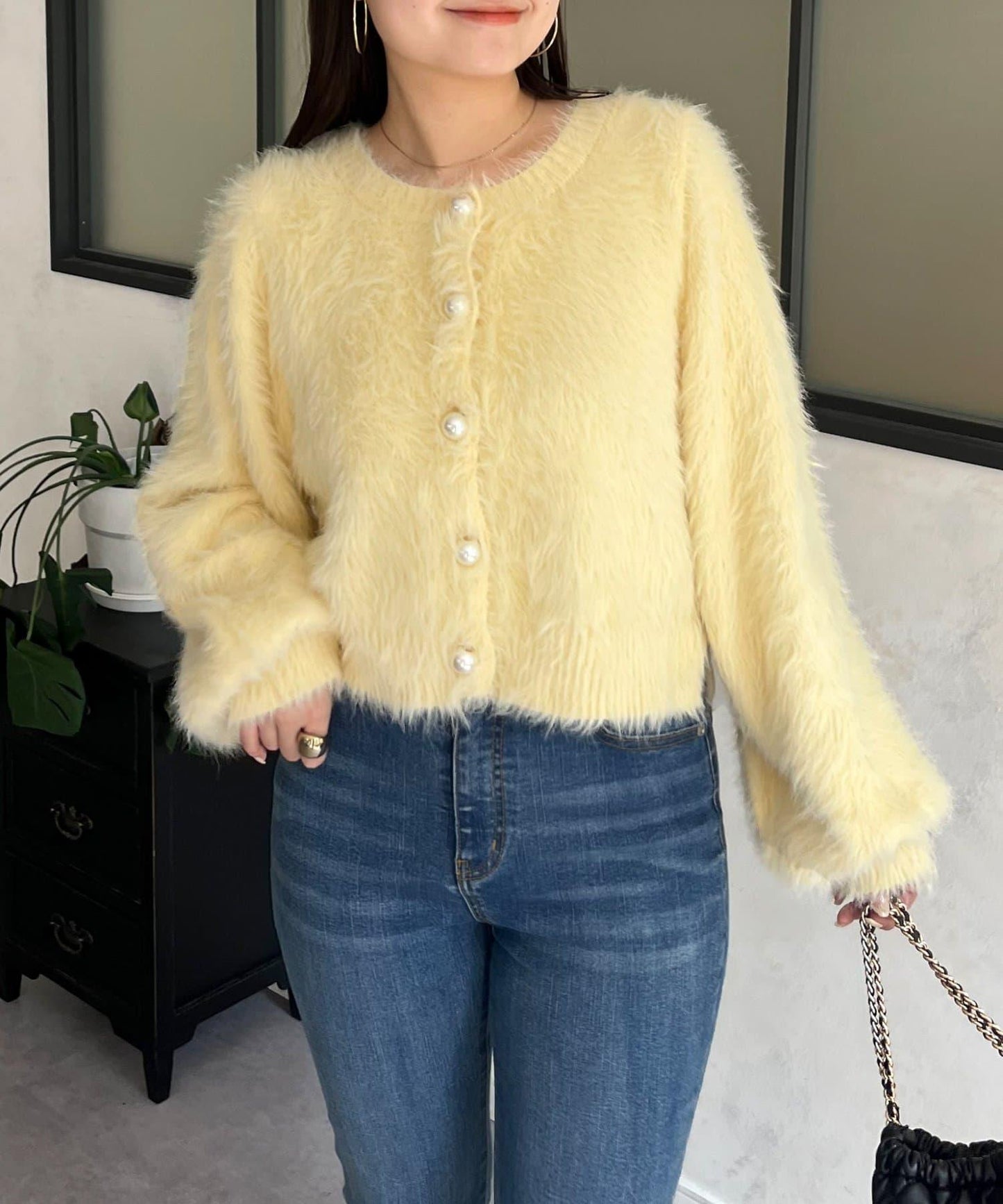 【前後兩穿】珍珠紐扣長毛針織開衫