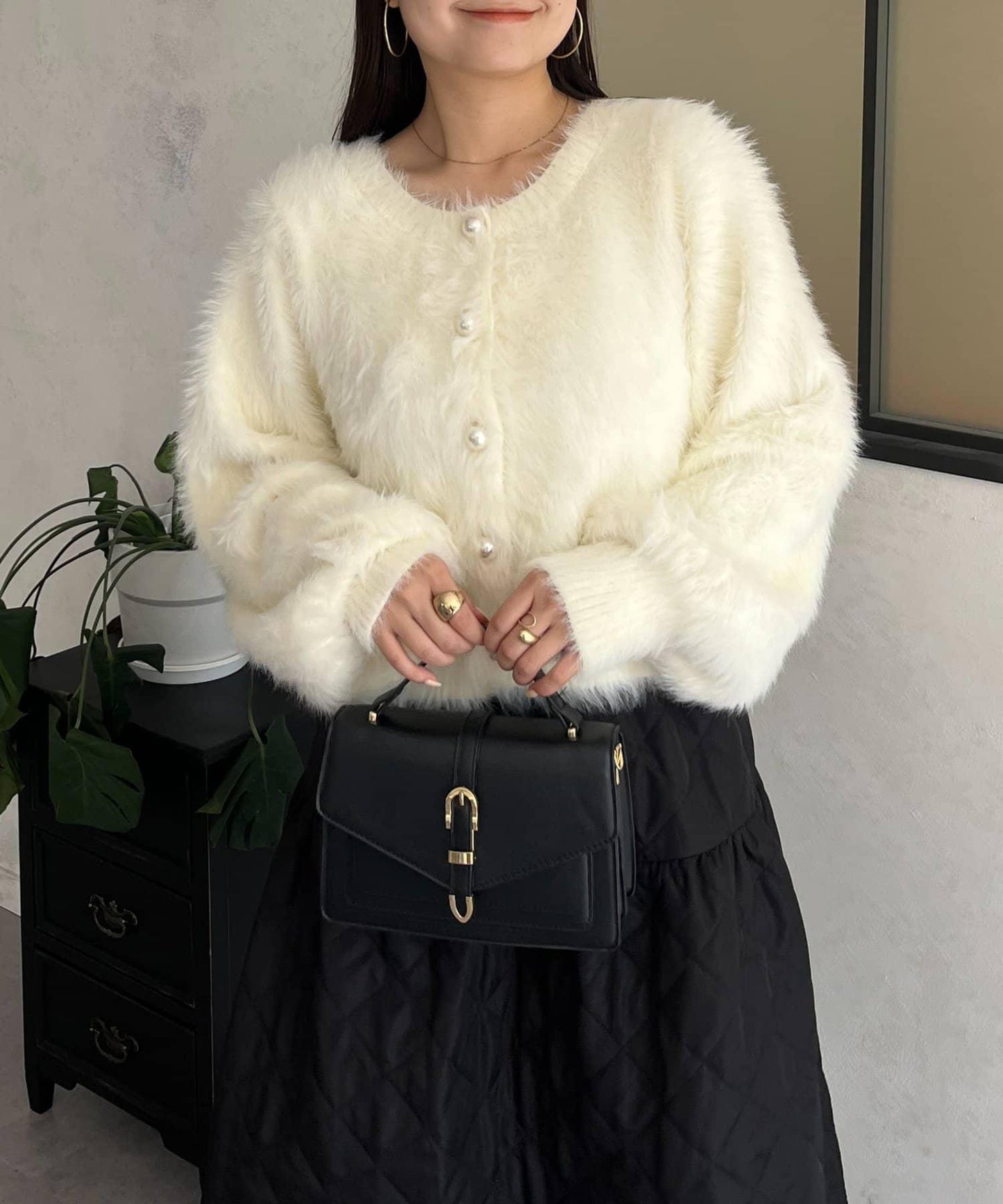 【前後兩穿】珍珠紐扣長毛針織開衫