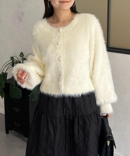 【前後兩穿】珍珠紐扣長毛針織開衫