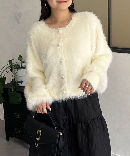 【前後兩穿】珍珠紐扣長毛針織開衫