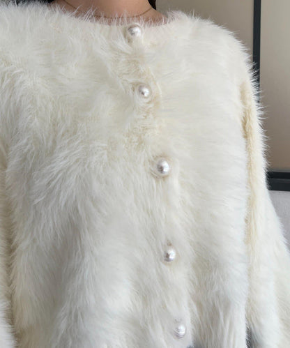 【前後兩穿】珍珠紐扣長毛針織開衫