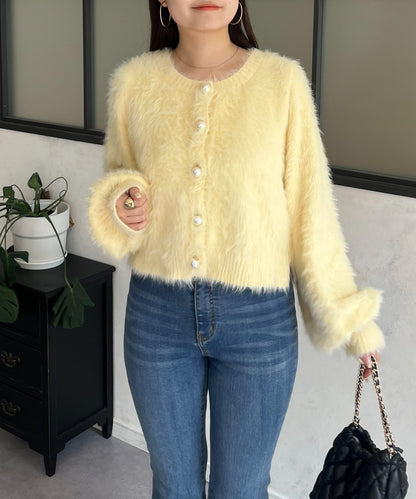 【前後兩穿】珍珠紐扣長毛針織開衫