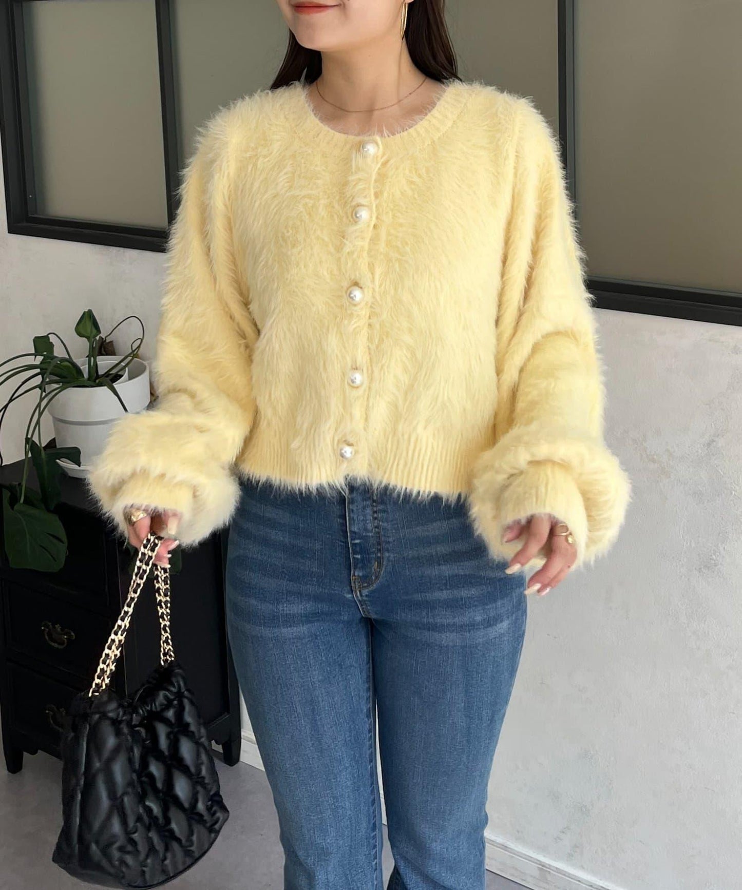 【前後兩穿】珍珠紐扣長毛針織開衫