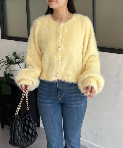 【前後兩穿】珍珠紐扣長毛針織開衫