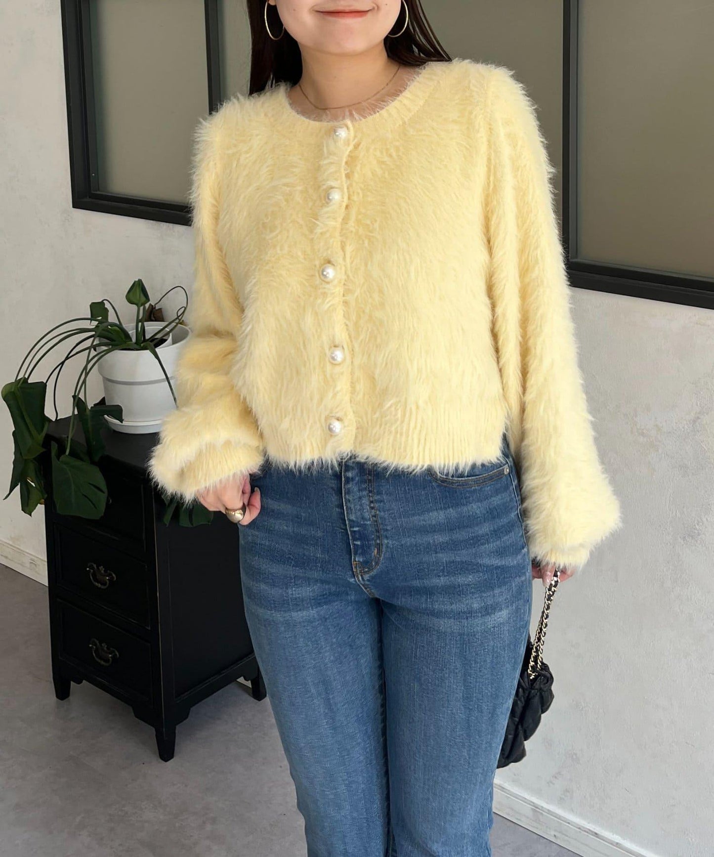 【前後兩穿】珍珠紐扣長毛針織開衫