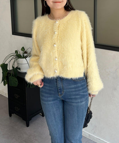 【前後兩穿】珍珠紐扣長毛針織開衫