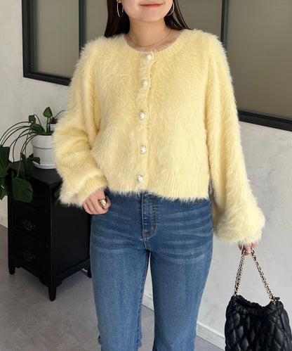 【前後兩穿】珍珠紐扣長毛針織開衫