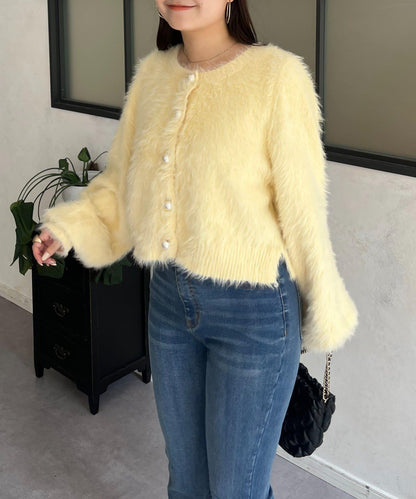 【前後兩穿】珍珠紐扣長毛針織開衫