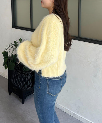 【前後兩穿】珍珠紐扣長毛針織開衫