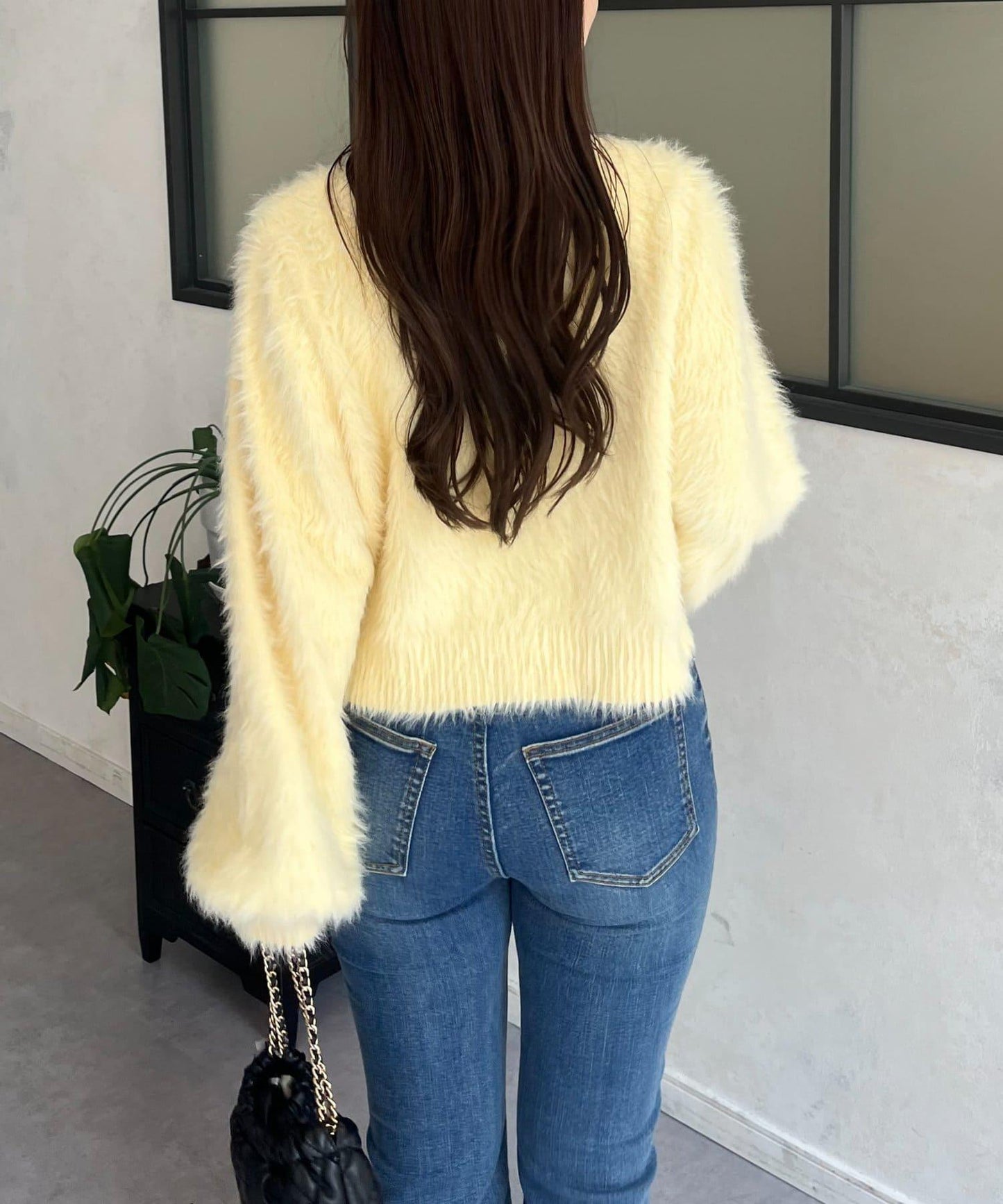 【前後兩穿】珍珠紐扣長毛針織開衫