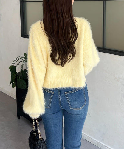 【前後兩穿】珍珠紐扣長毛針織開衫