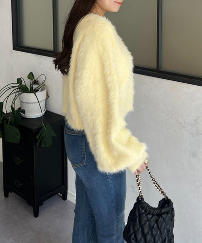 【前後兩穿】珍珠紐扣長毛針織開衫