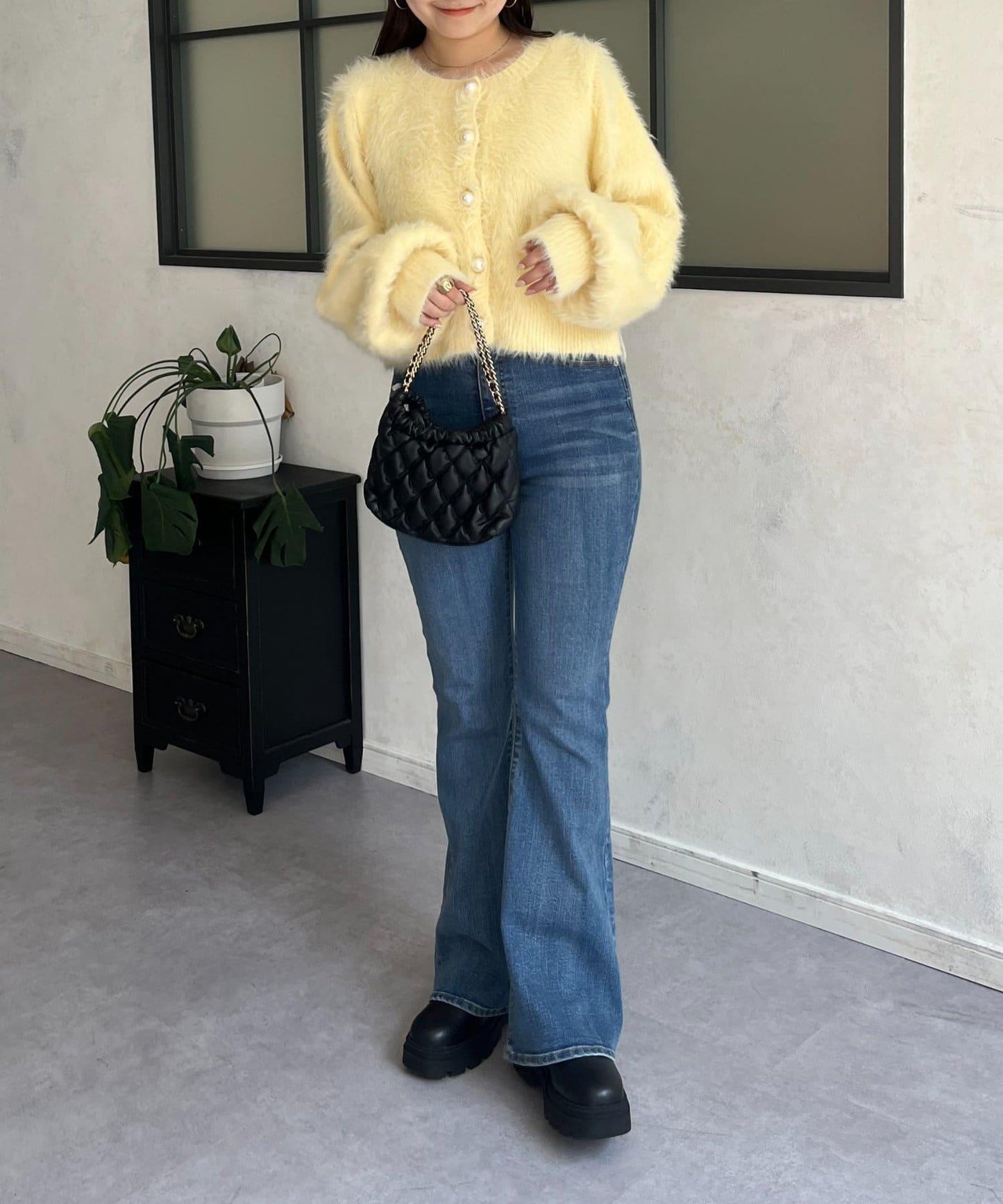 【前後兩穿】珍珠紐扣長毛針織開衫