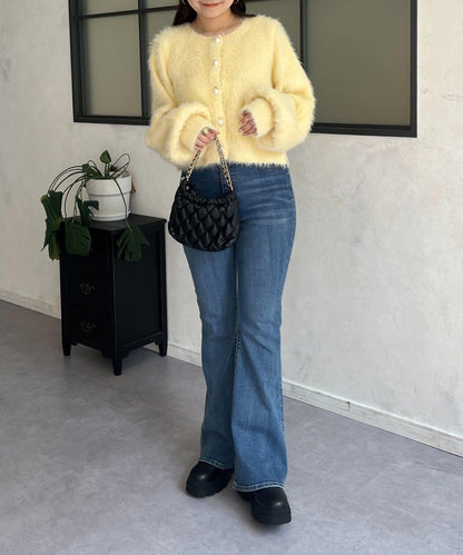 【前後兩穿】珍珠紐扣長毛針織開衫