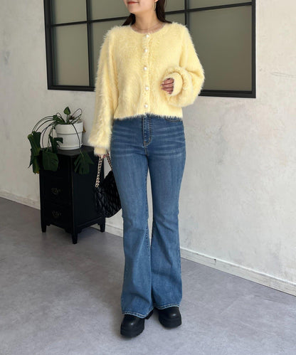 【前後兩穿】珍珠紐扣長毛針織開衫