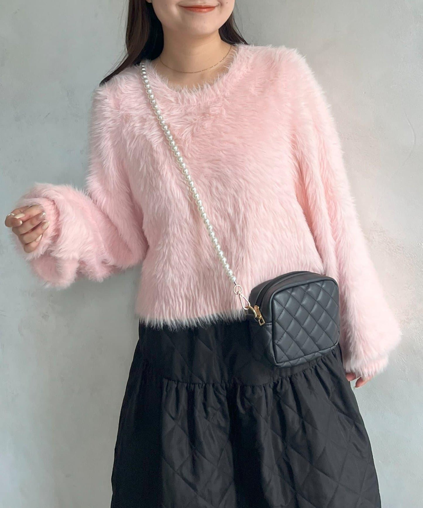 【前後兩穿】珍珠紐扣長毛針織開衫