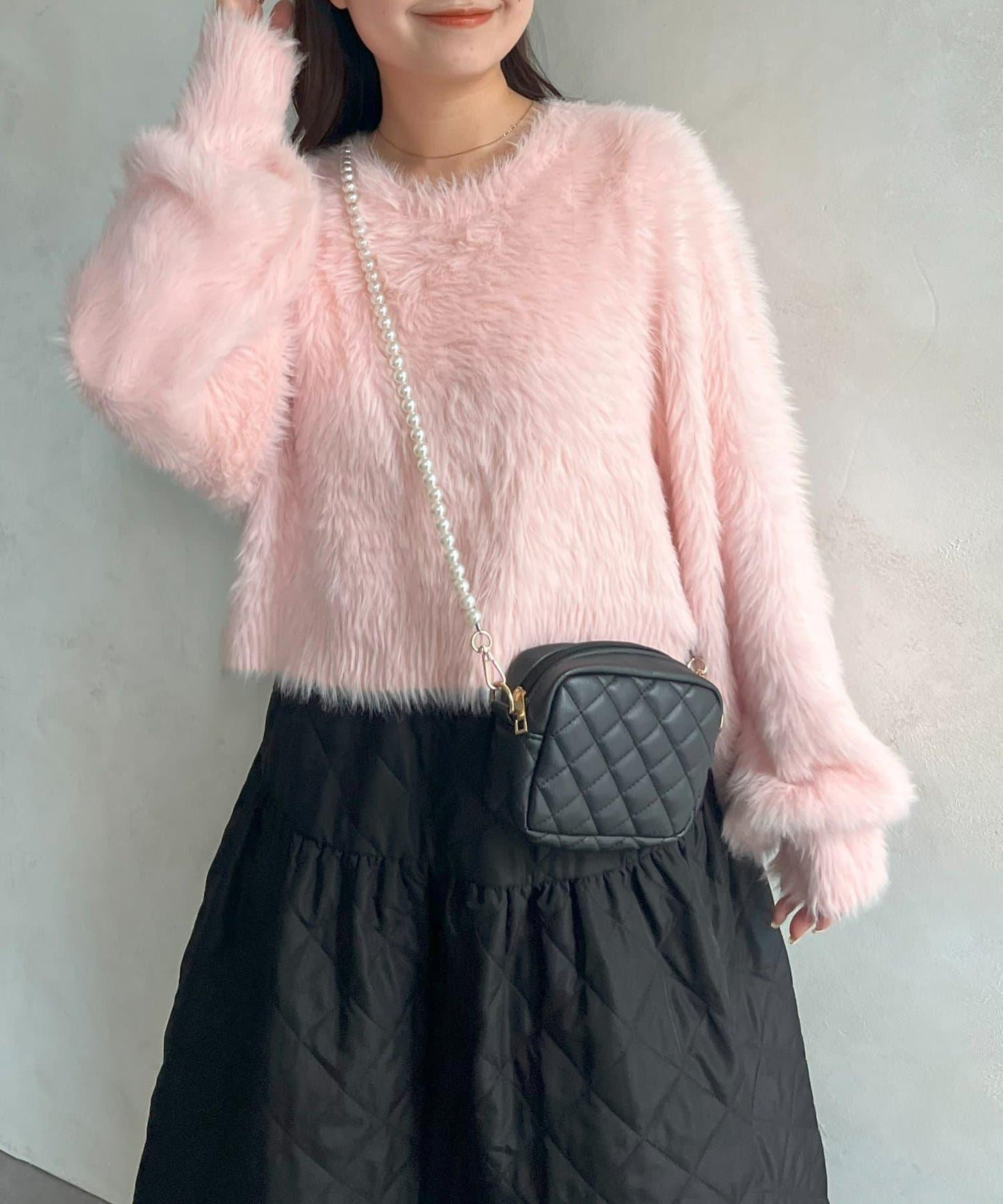 【前後兩穿】珍珠紐扣長毛針織開衫