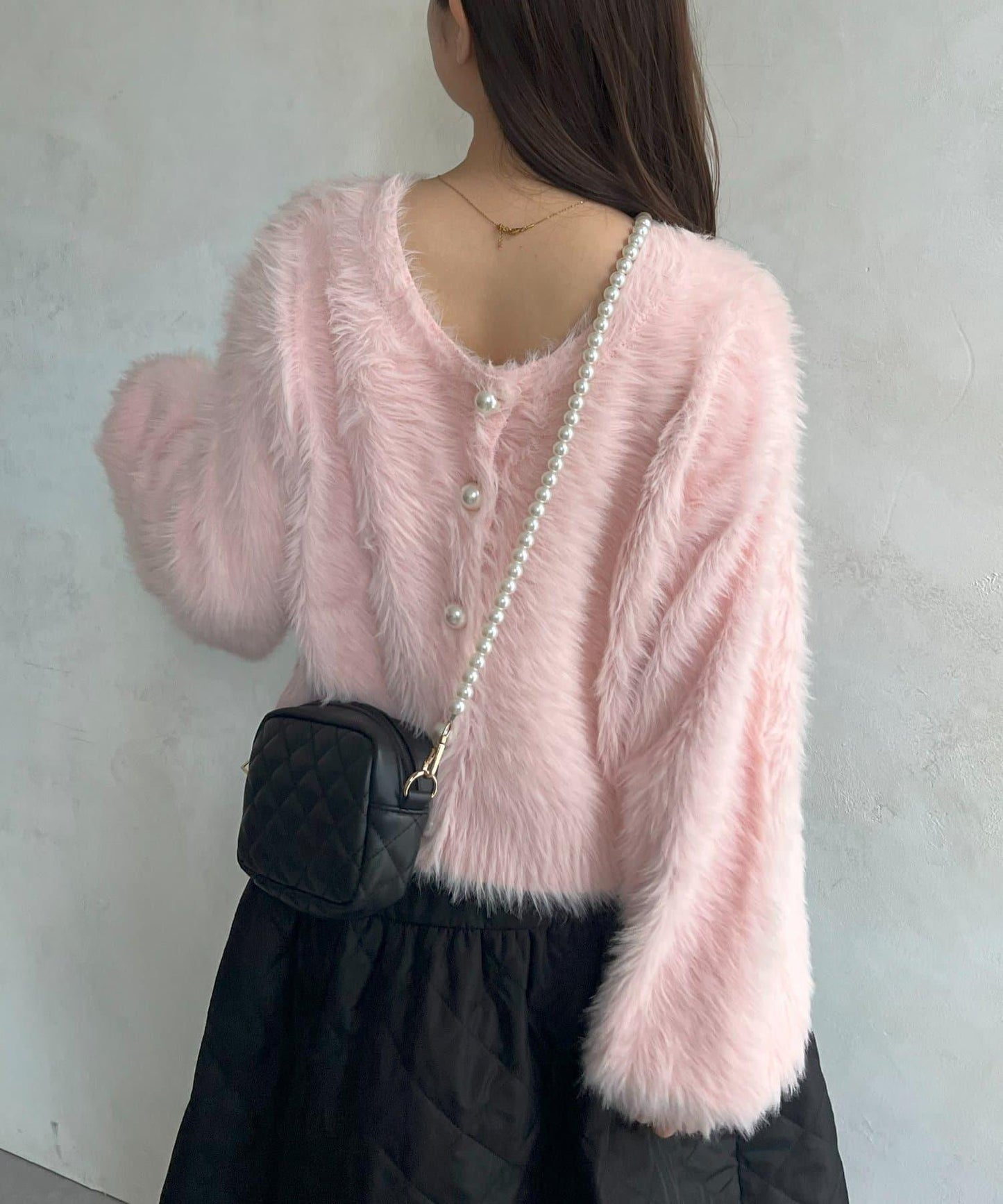 【前後兩穿】珍珠紐扣長毛針織開衫