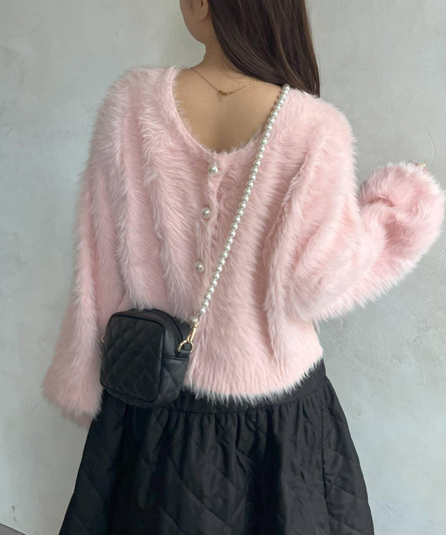 【前後兩穿】珍珠紐扣長毛針織開衫