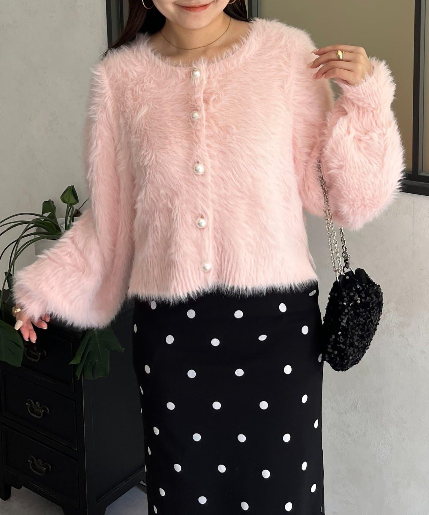 【前後兩穿】珍珠紐扣長毛針織開衫