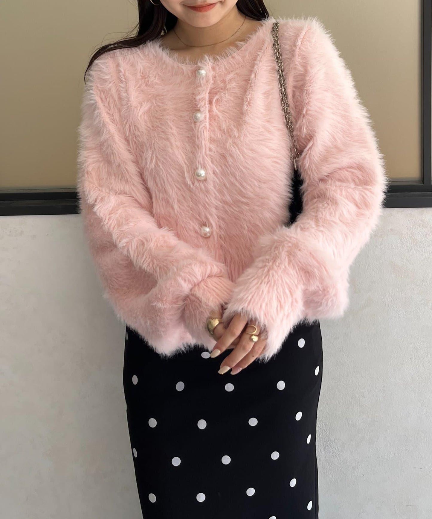 【前後兩穿】珍珠紐扣長毛針織開衫