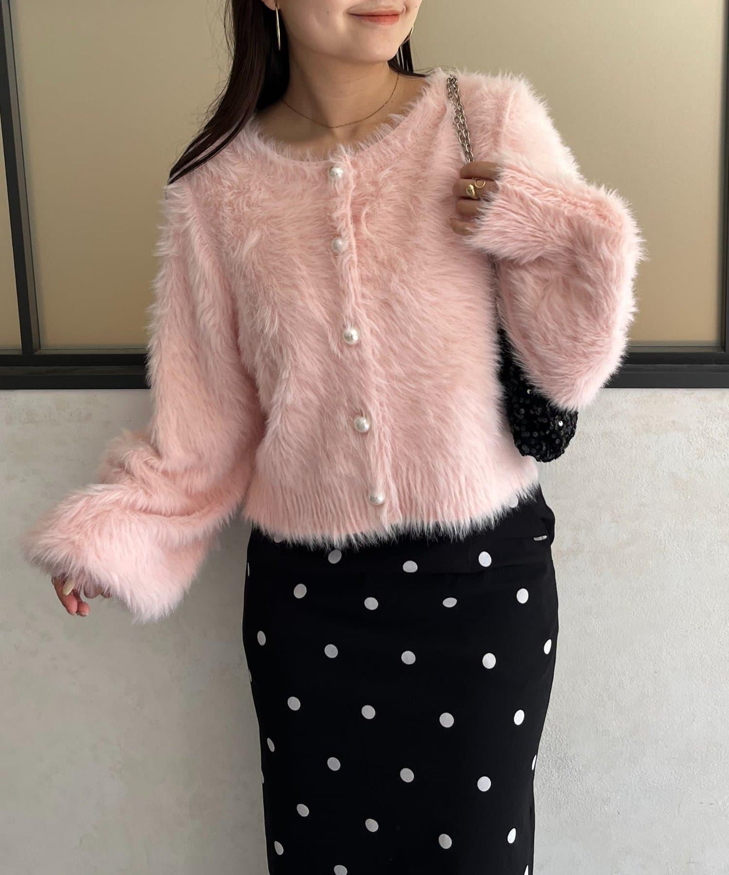 【前後兩穿】珍珠紐扣長毛針織開衫