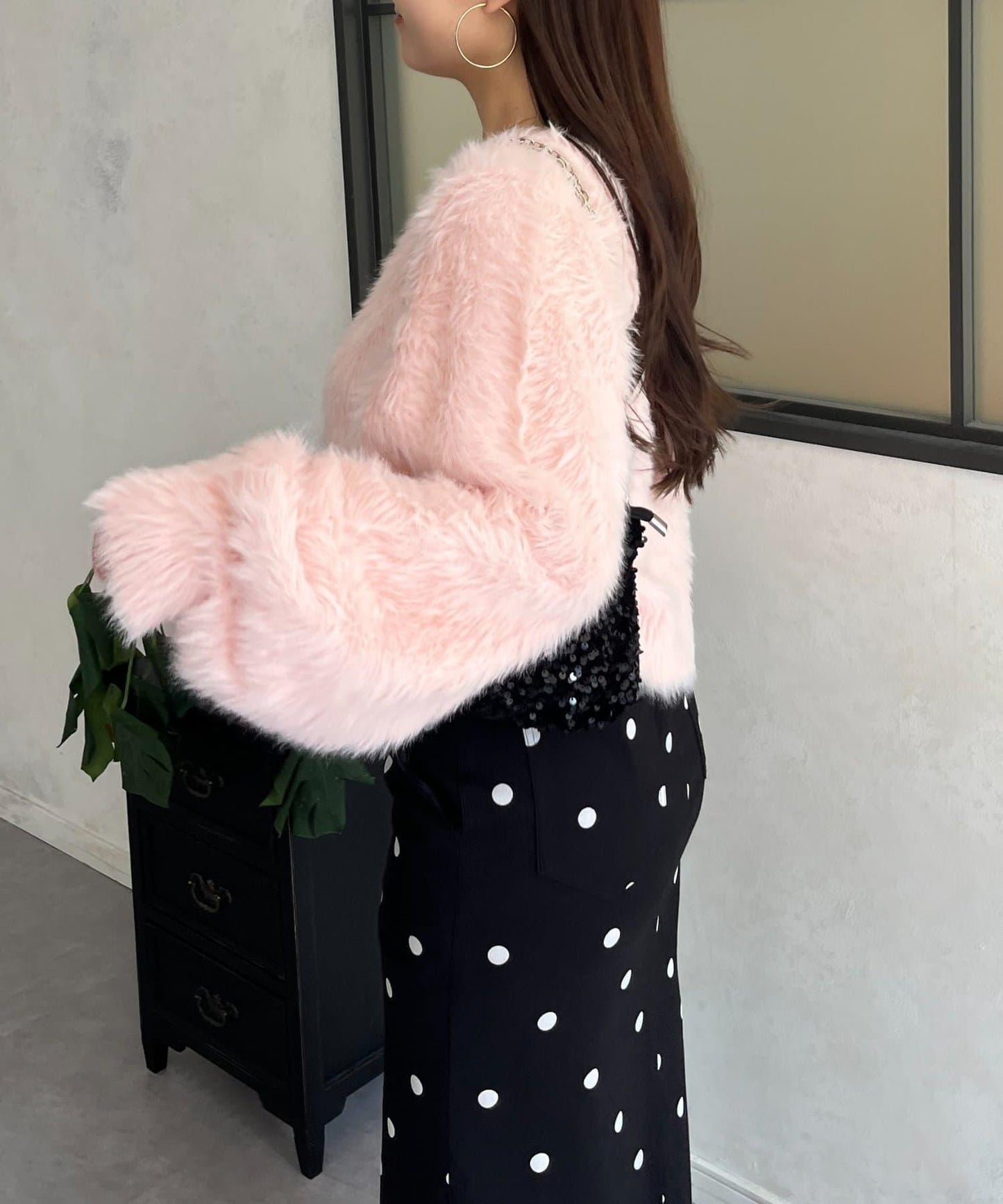 【前後兩穿】珍珠紐扣長毛針織開衫