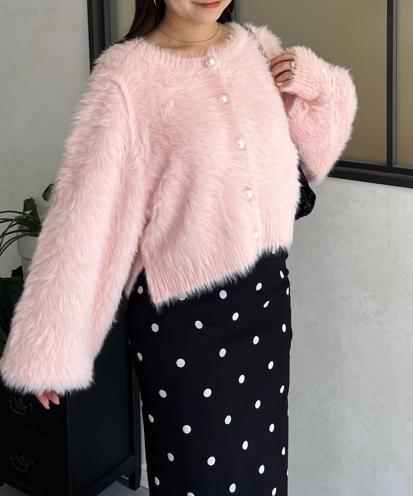 【前後兩穿】珍珠紐扣長毛針織開衫