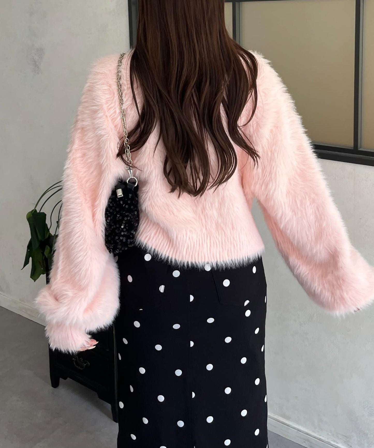 【前後兩穿】珍珠紐扣長毛針織開衫