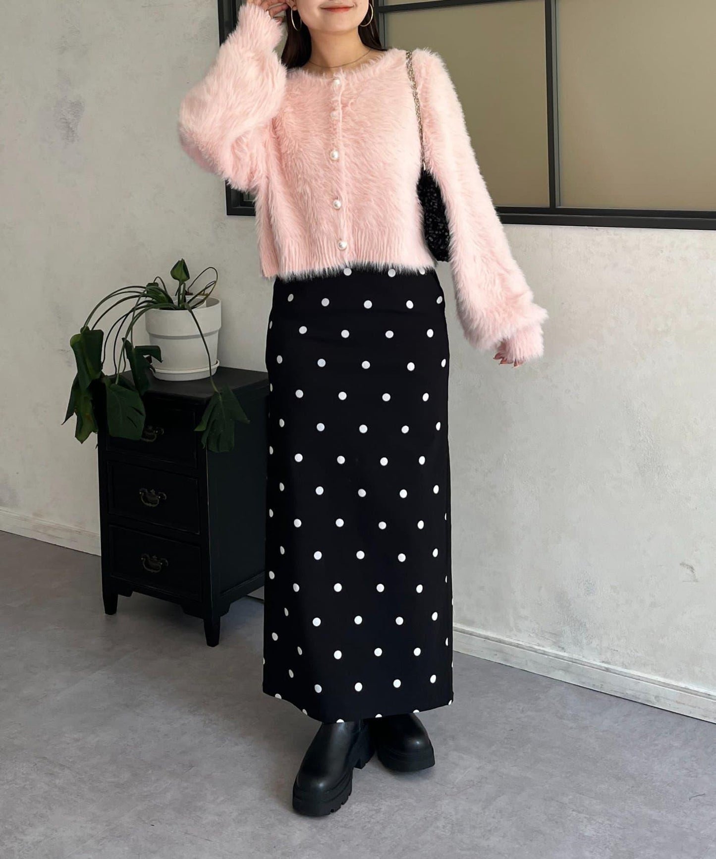 【前後兩穿】珍珠紐扣長毛針織開衫