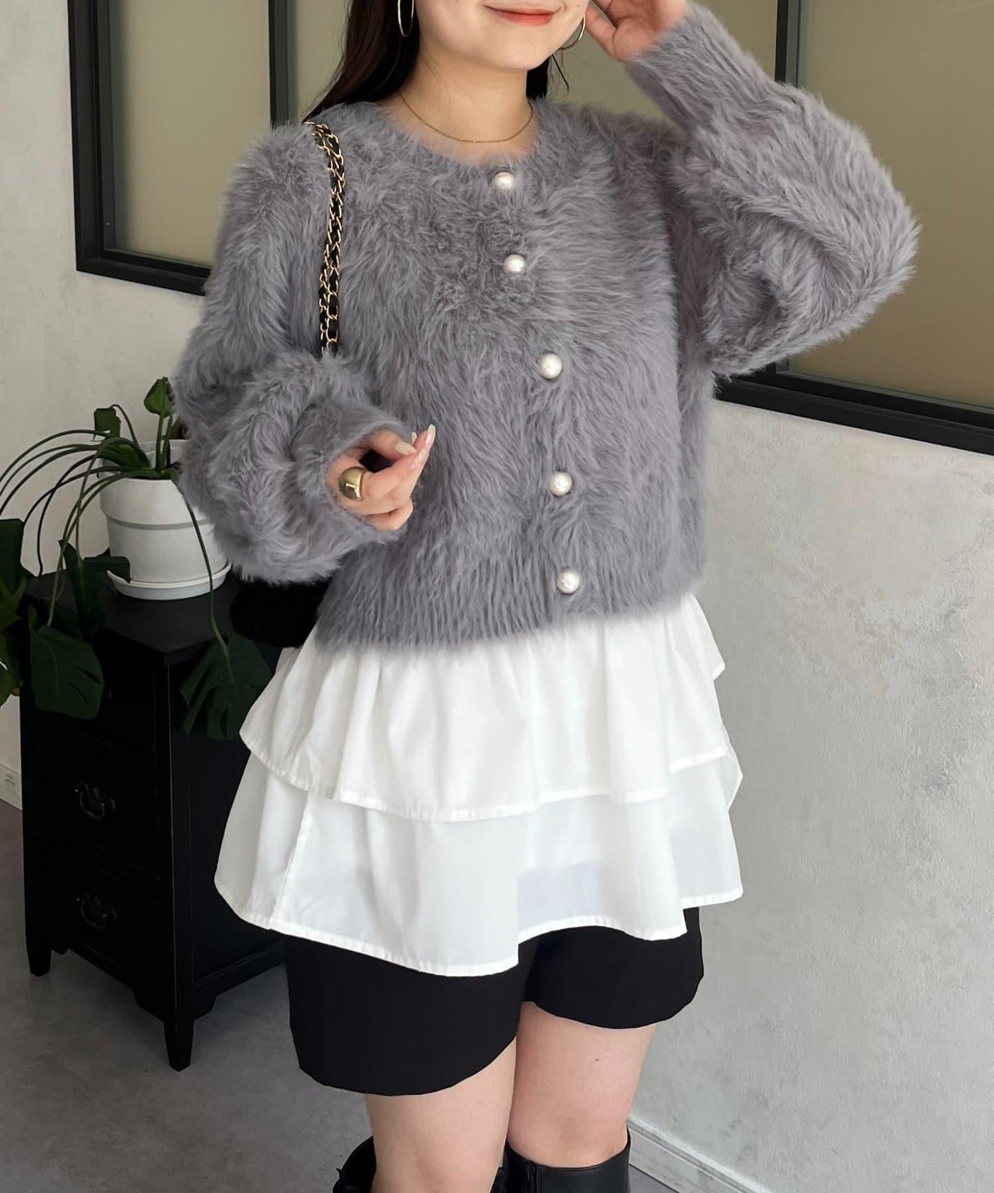 【前後兩穿】珍珠紐扣長毛針織開衫