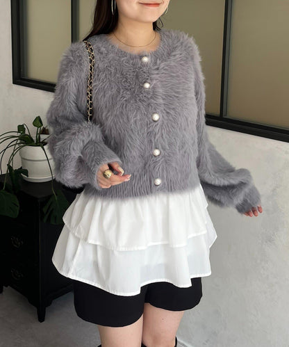 【前後兩穿】珍珠紐扣長毛針織開衫