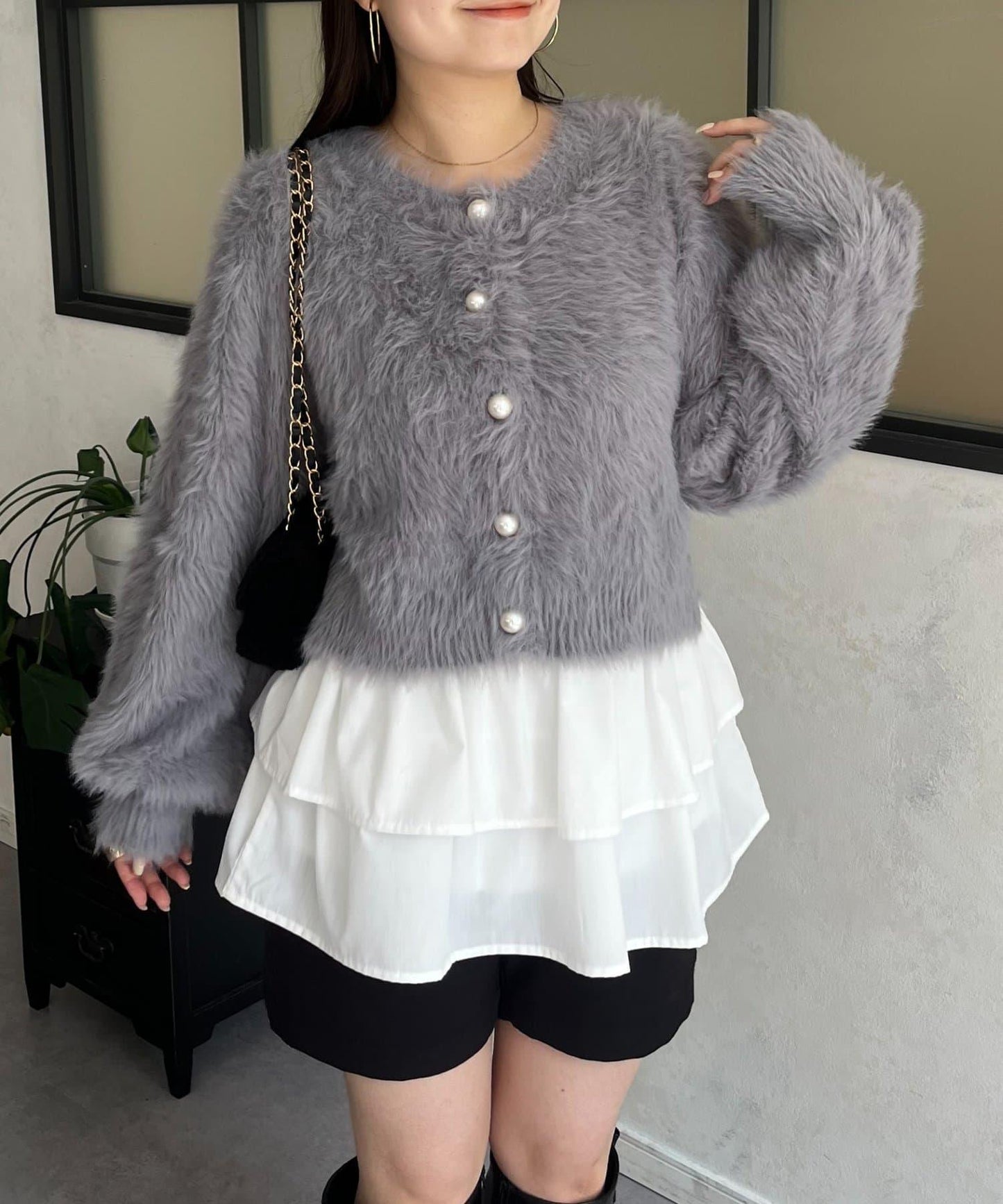 【前後兩穿】珍珠紐扣長毛針織開衫