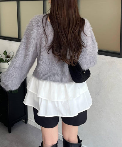 【前後兩穿】珍珠紐扣長毛針織開衫