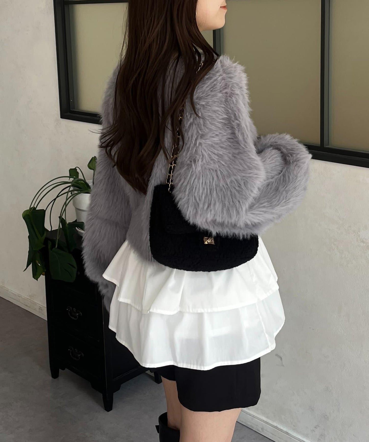 【前後兩穿】珍珠紐扣長毛針織開衫