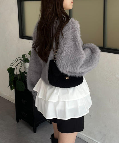 【前後兩穿】珍珠紐扣長毛針織開衫