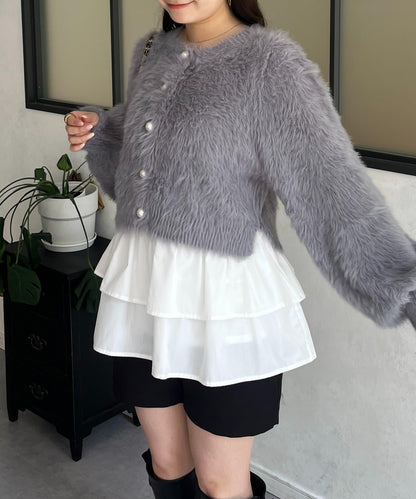 【前後兩穿】珍珠紐扣長毛針織開衫