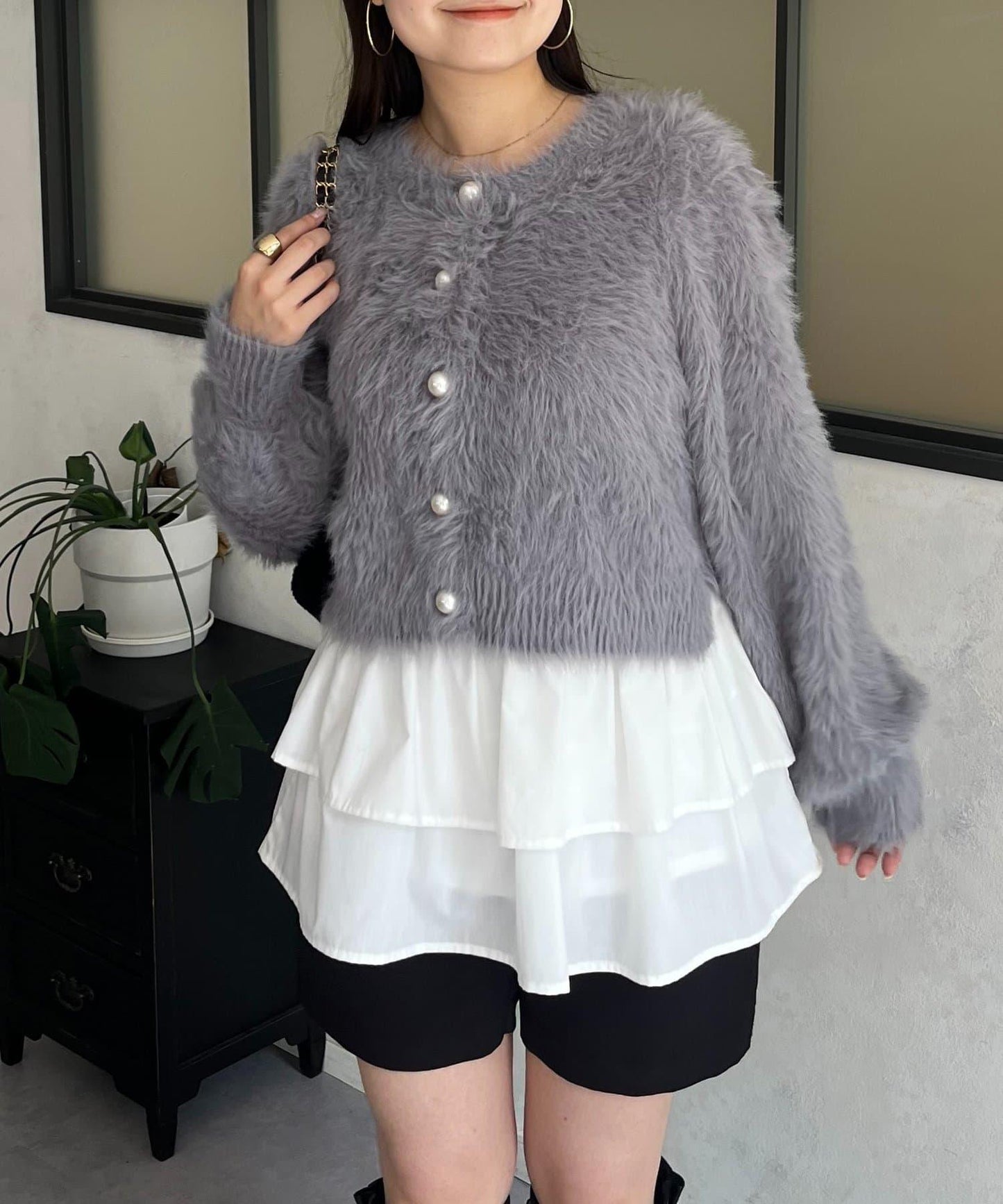 【前後兩穿】珍珠紐扣長毛針織開衫