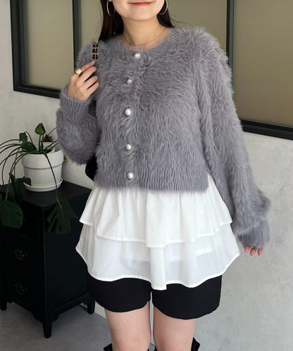 【前後兩穿】珍珠紐扣長毛針織開衫