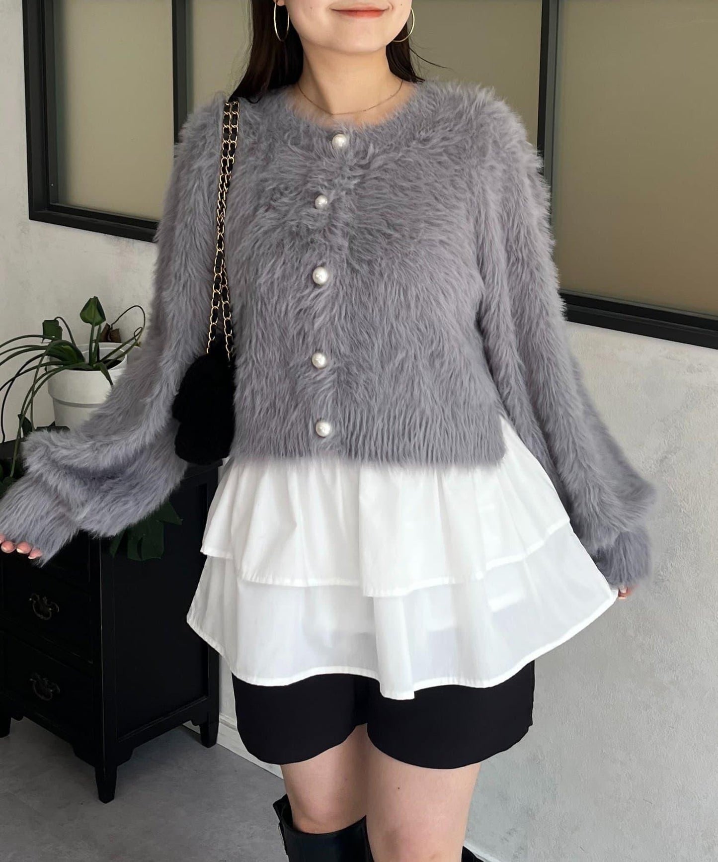 【前後兩穿】珍珠紐扣長毛針織開衫