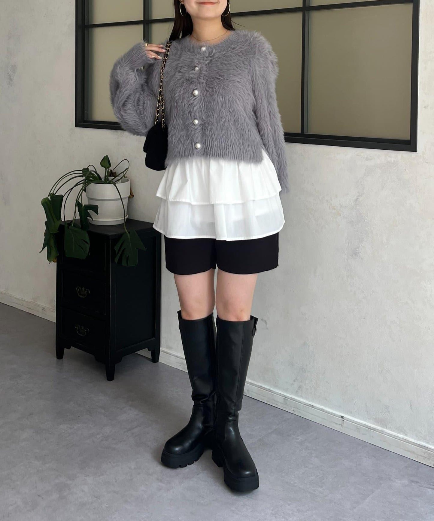 【前後兩穿】珍珠紐扣長毛針織開衫