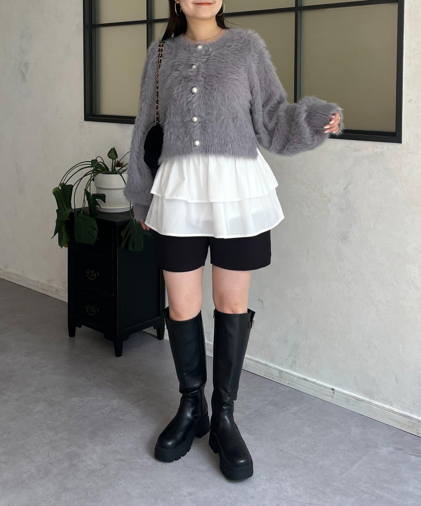 【前後兩穿】珍珠紐扣長毛針織開衫