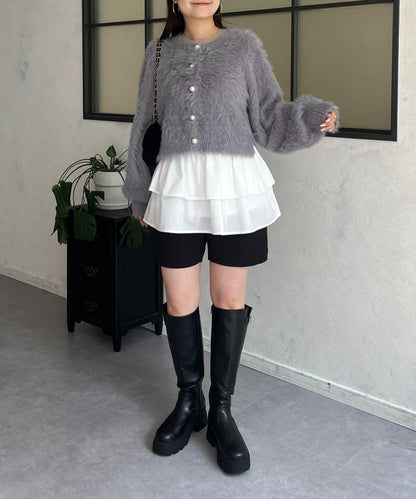 【前後兩穿】珍珠紐扣長毛針織開衫