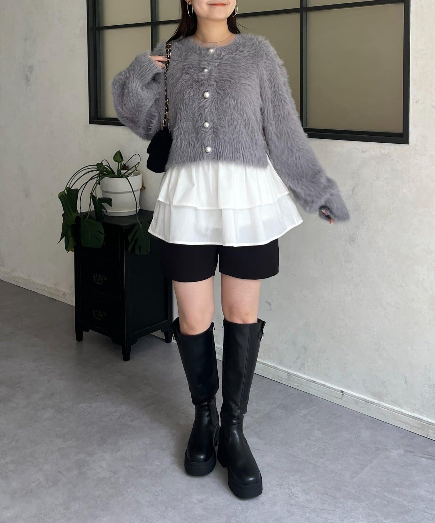 【前後兩穿】珍珠紐扣長毛針織開衫